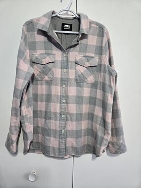 Roots Buffalo Plaid Flannel Shirt Womens XL Pink Gray Button Up Cotton